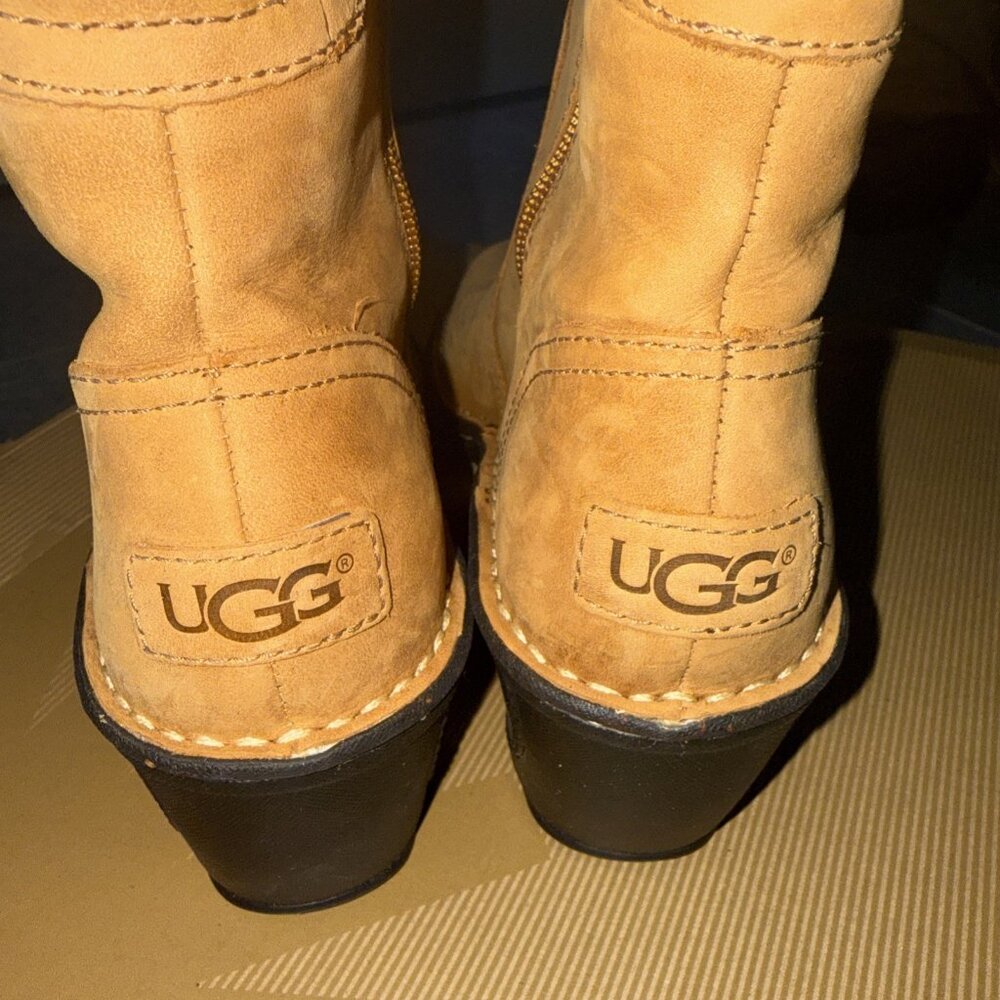 Ugg Skylar Wedge Tan Leather Back Lace Up Knit Sweater Zip Up Boot Size 7 - Picture 7 of 11